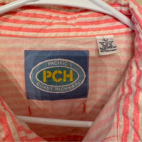 Vintage 90s Pacific Coast Highway PCH White Pink Striped Button Shirt Large - Picture 6 of 10